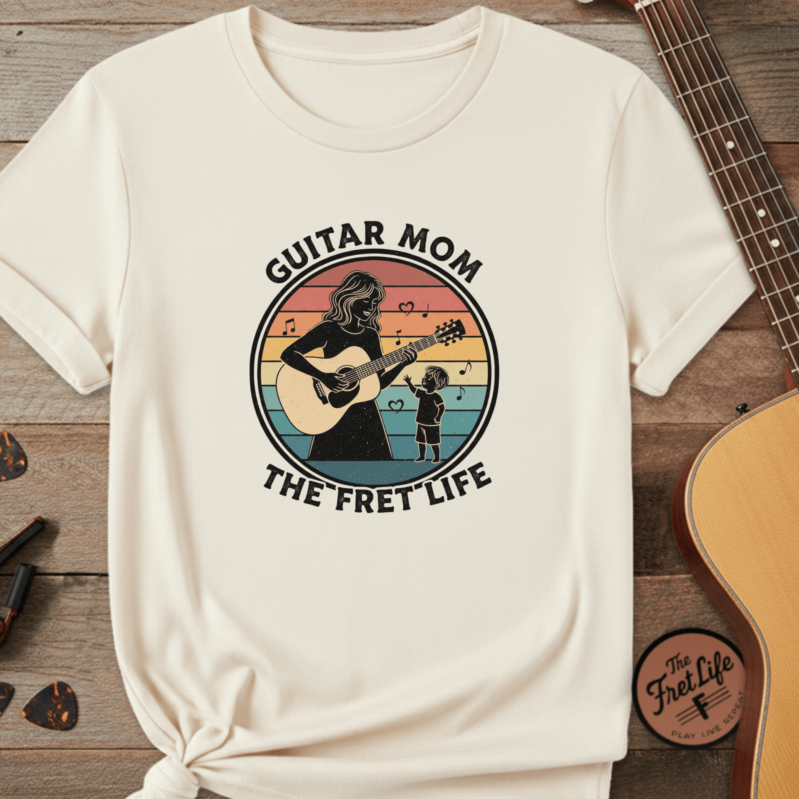 Printify T-Shirt Ivory / S Guitar Mom: The Fret Life Acoustic Silhouette Tee