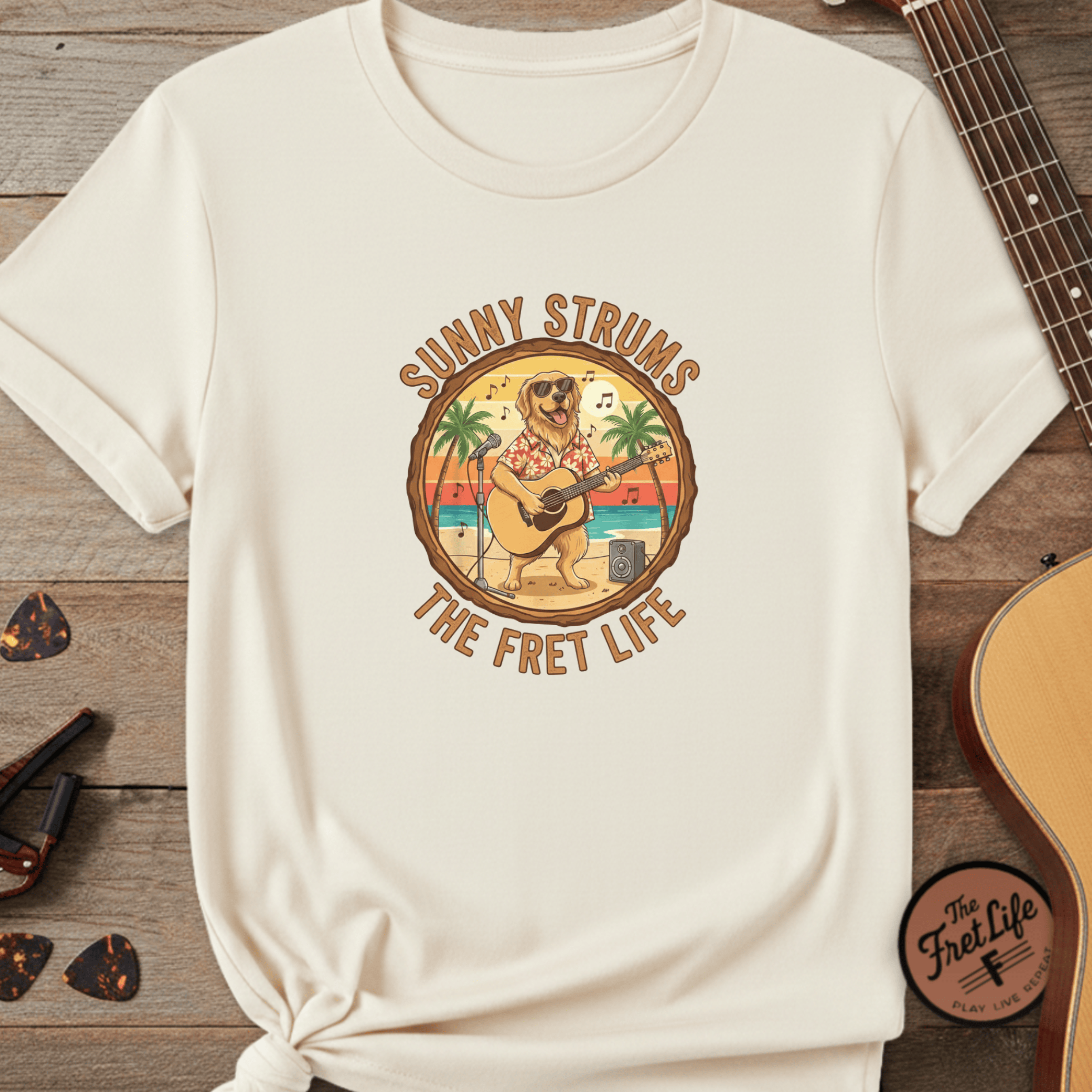 Printify T-Shirt Ivory / S Sunny Strums: Golden Retriever Acoustic Serenade Tee