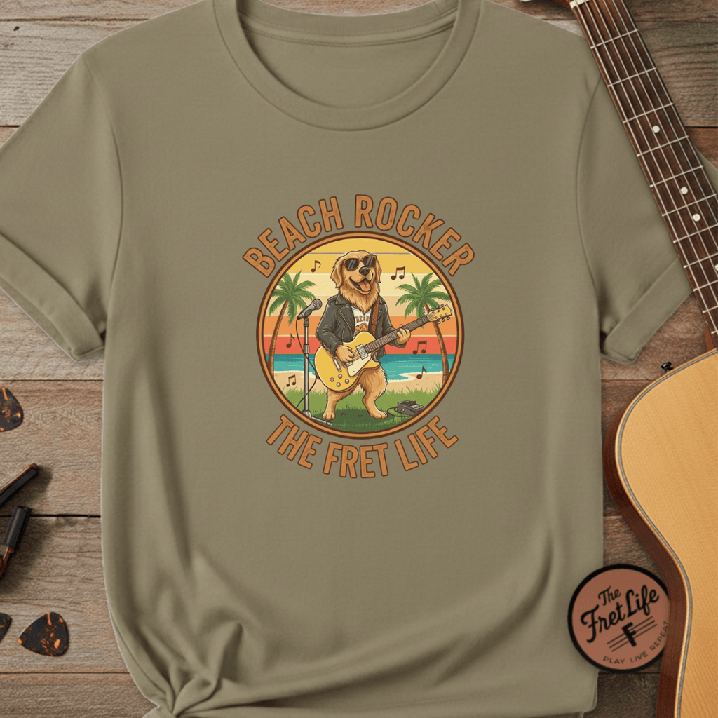 Printify T-Shirt Khaki / S Beach Rocker: Golden's Sunset Shred Fret Life Tee