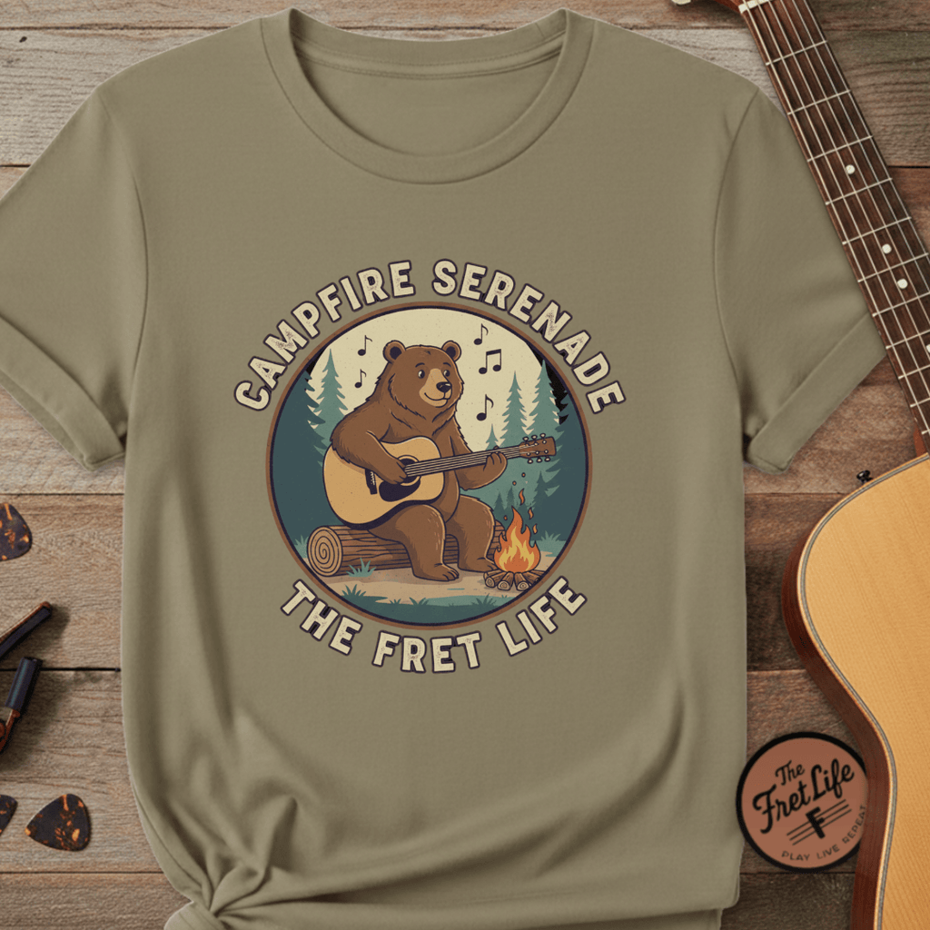 Printify T-Shirt Khaki / S Campfire Serenade, Bear playing guitar design Garment-Dyed T-shirt