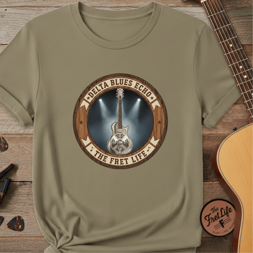 Printify T-Shirt Khaki / S Delta Blues Echo Tee | Resonator Guitar Slide Player Shirt