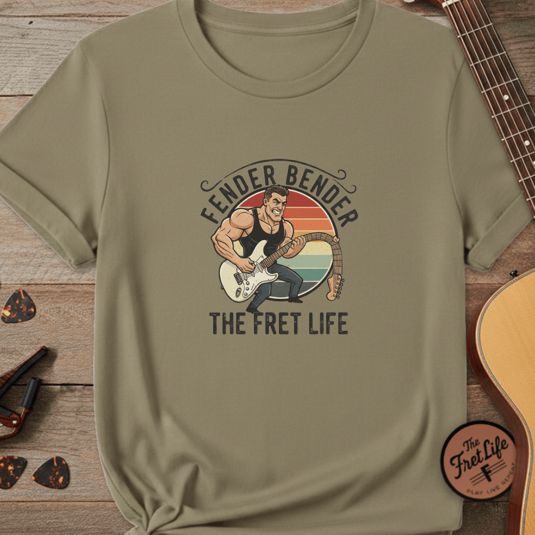 Printify T-Shirt Khaki / S Fender Bender: The Fret Life T-Shirt (Vintage Rocker Edition)