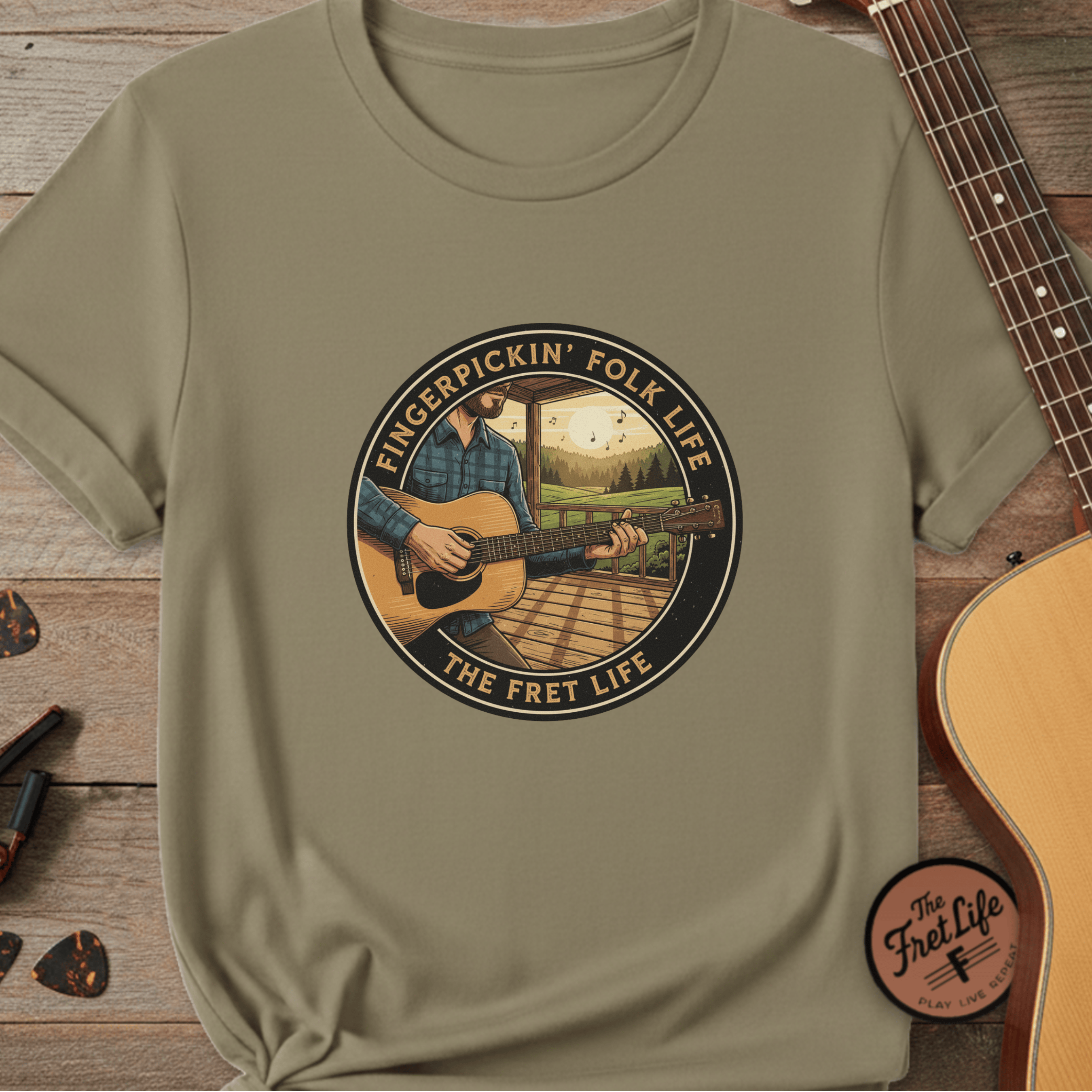 Printify T-Shirt Khaki / S Fingerpickin' Folk Life: Porch & Sunset Acoustic Tee