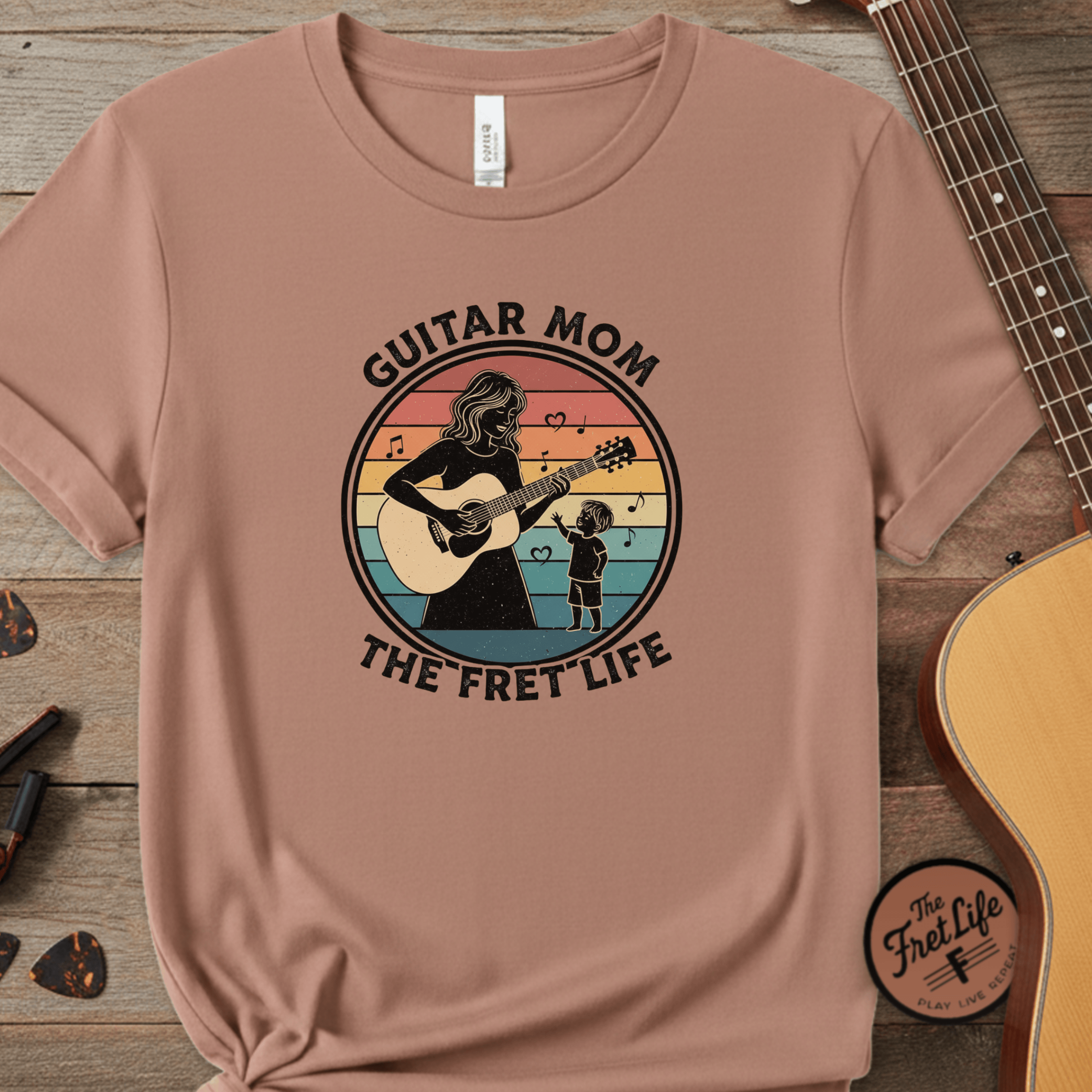 Printify T-Shirt Khaki / S Guitar Mom: The Fret Life Acoustic Silhouette Tee
