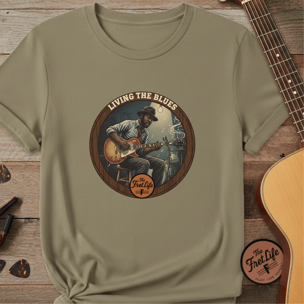 Printify T-Shirt Khaki / S Living The Blues - Fret Life Edition Tee