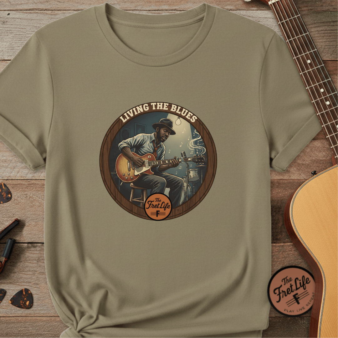 Printify T-Shirt Khaki / S Living The Blues - Fret Life Edition Tee