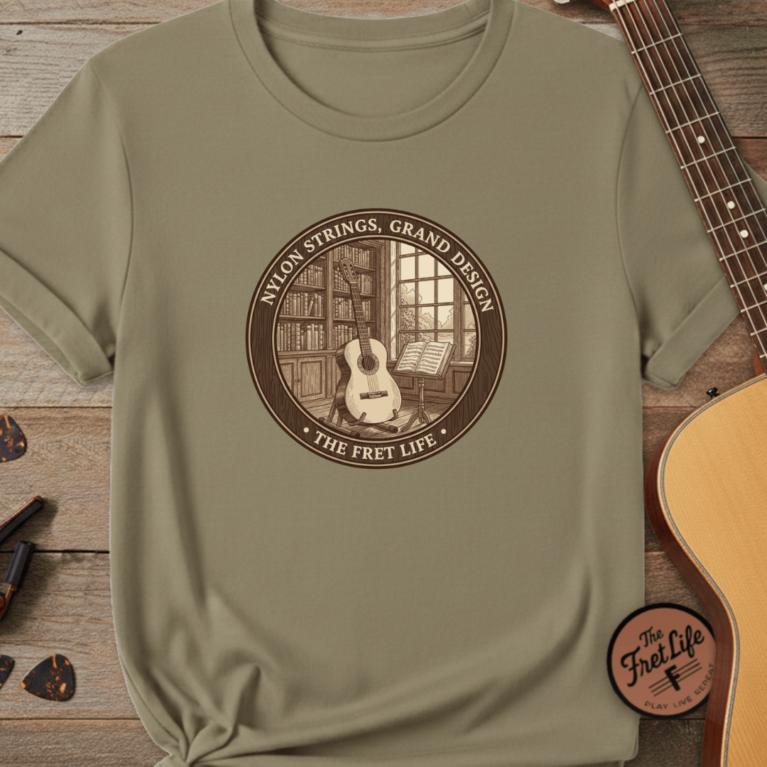 Printify T-Shirt Khaki / S Nylon Strings, Grand Design: The Classical Guitar Tee