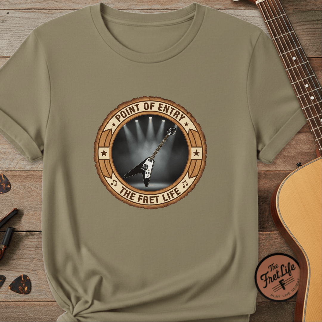 Printify T-Shirt Khaki / S Point of Entry Tee | Gibson Flying V Hard Rock Metal Guitar Shirt