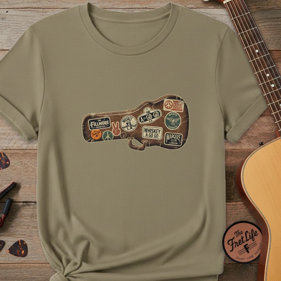 Printify T-Shirt Khaki / S Road Worn: Vintage Venue Sticker Case T-Shirt