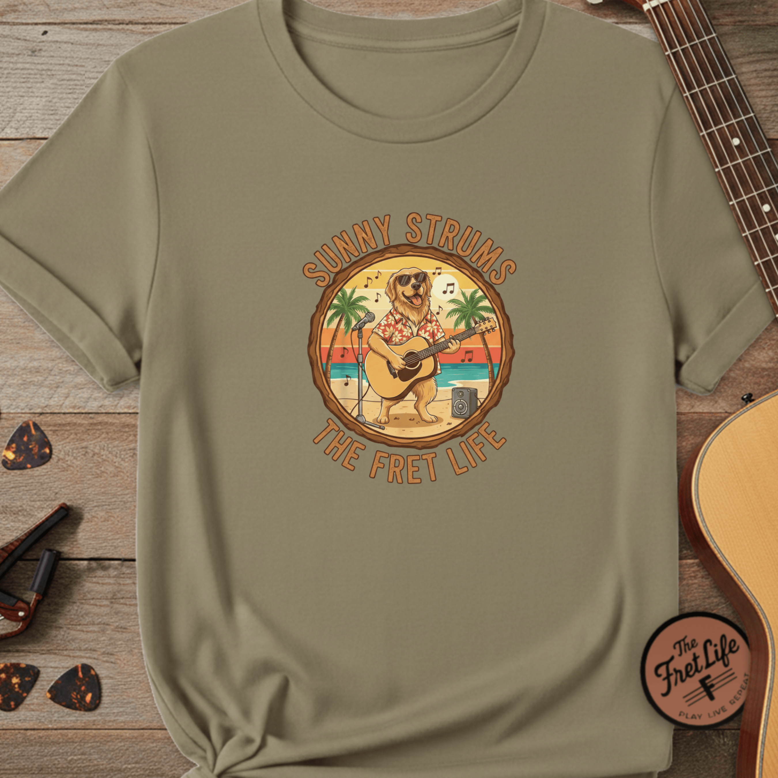 Printify T-Shirt Khaki / S Sunny Strums: Golden Retriever Acoustic Serenade Tee