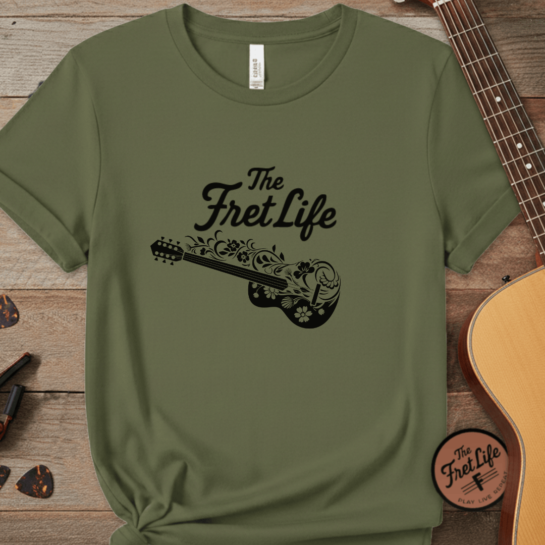 Printify T-Shirt Khaki / S T-shirt - Flower Guitar 'The Fret Life' Subtle Design - Music and Guitar Lover Gift