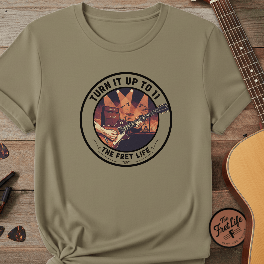 Printify T-Shirt Khaki / S Turn it Up to 11 Unisex Guitar T-Shirt - Music Lover Gift Idea