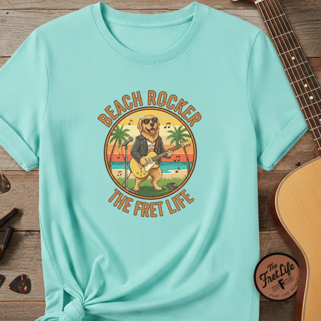 Printify T-Shirt Lagoon Blue / S Beach Rocker: Golden's Sunset Shred Fret Life Tee