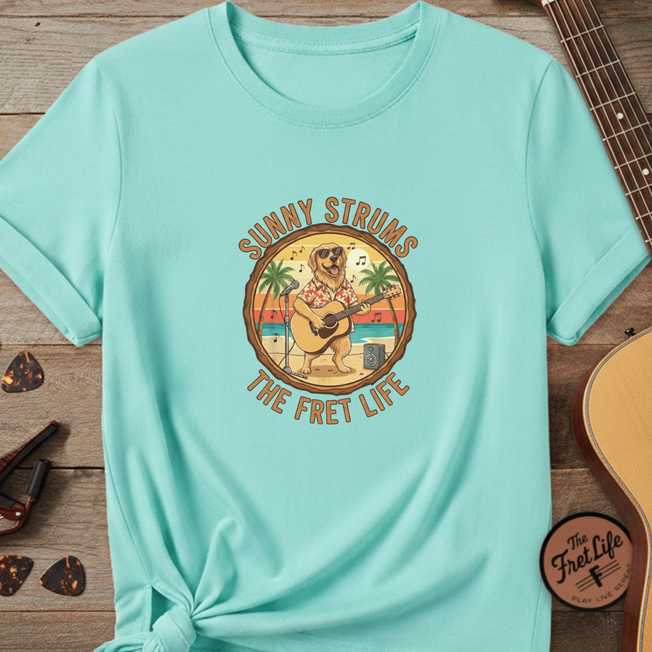 Printify T-Shirt Lagoon Blue / S Sunny Strums: Golden Retriever Acoustic Serenade Tee