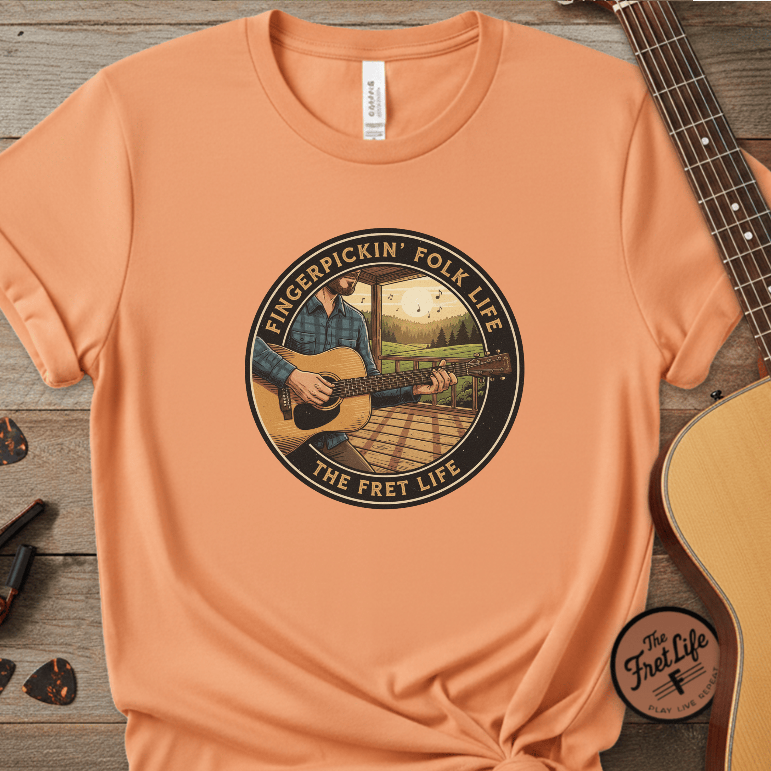 Printify T-Shirt Melon / S Fingerpickin' Folk Life: Porch & Sunset Acoustic Tee