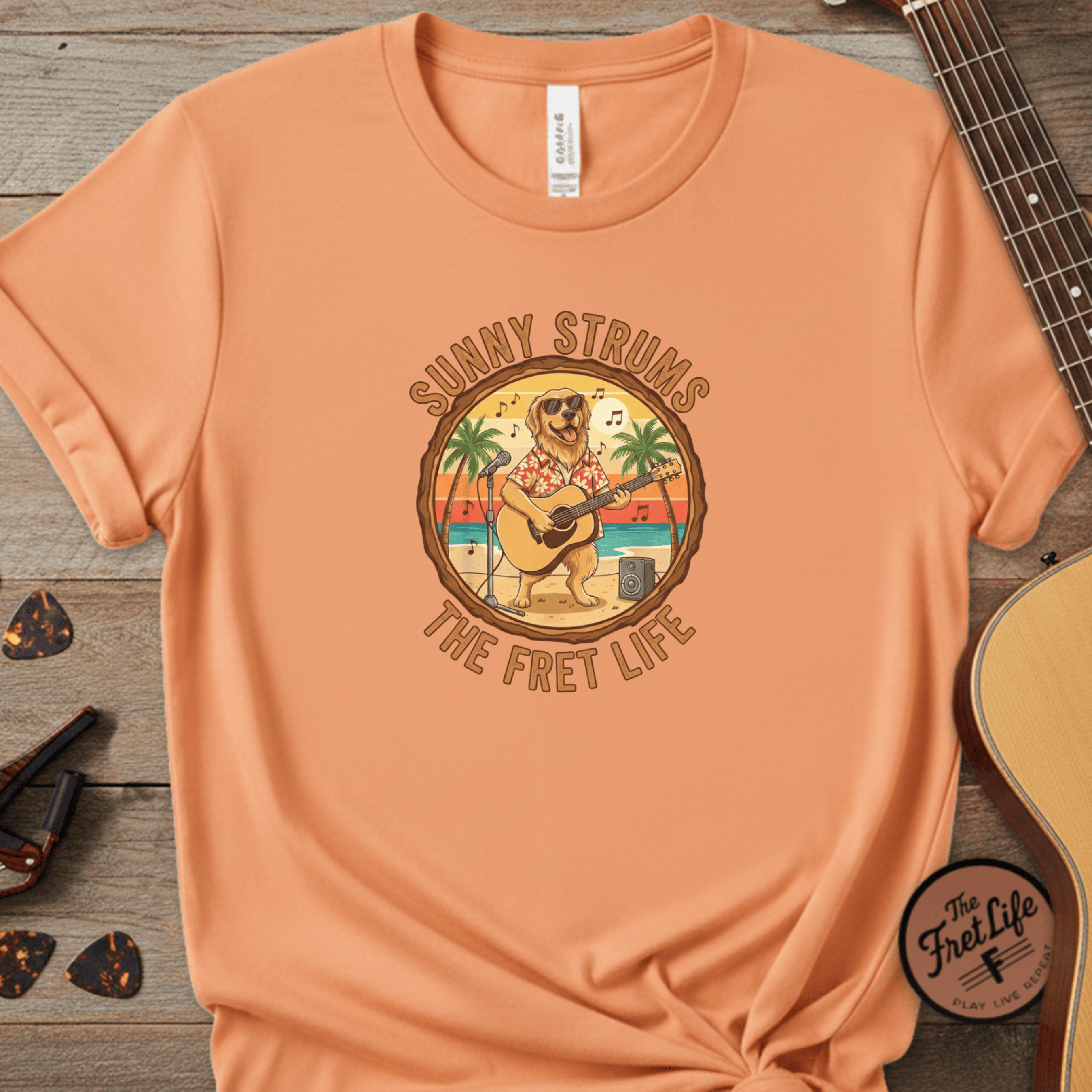 Printify T-Shirt Melon / S Sunny Strums: Golden Retriever Acoustic Serenade Tee