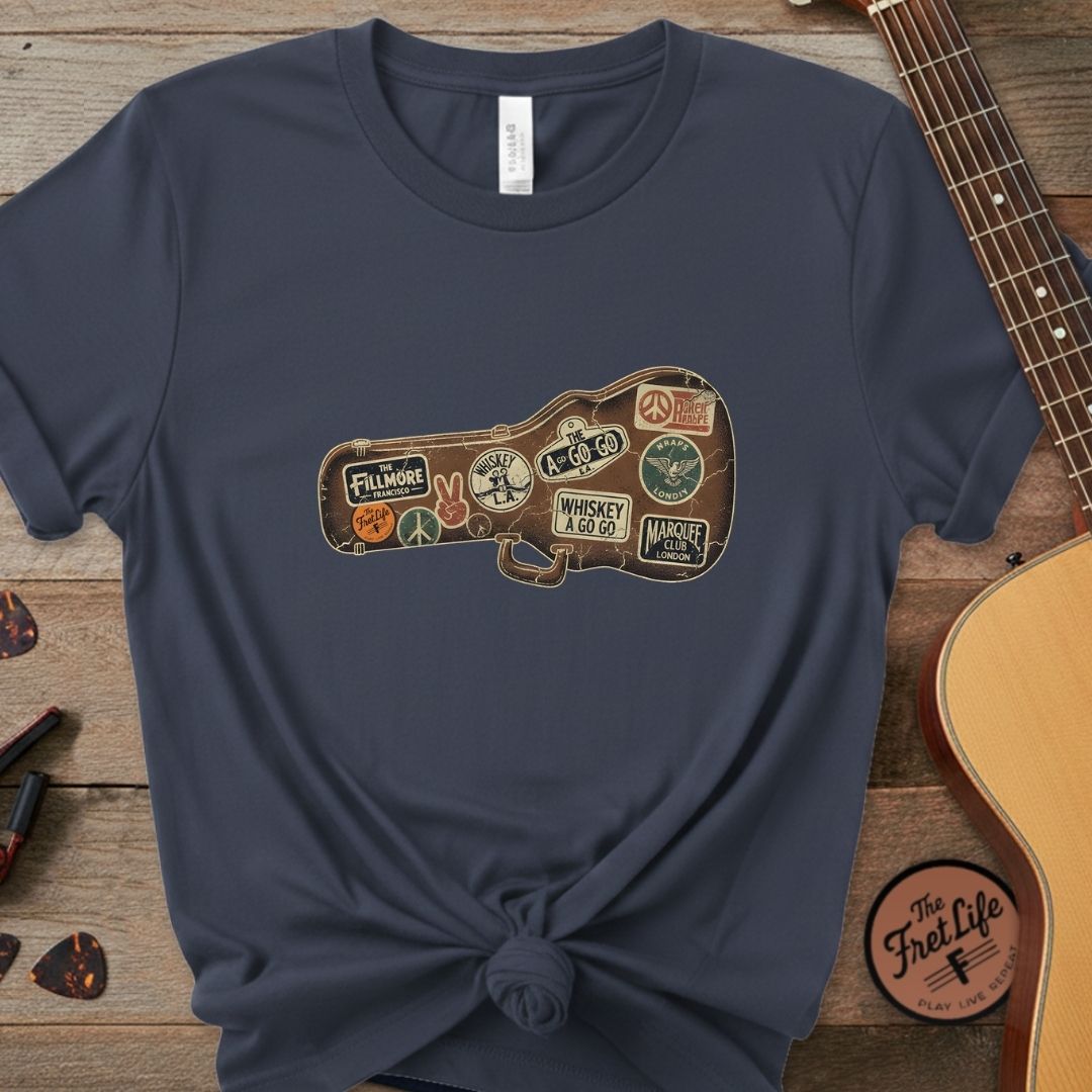 Printify T-Shirt Midnight / S Road Worn: Vintage Venue Sticker Case T-Shirt