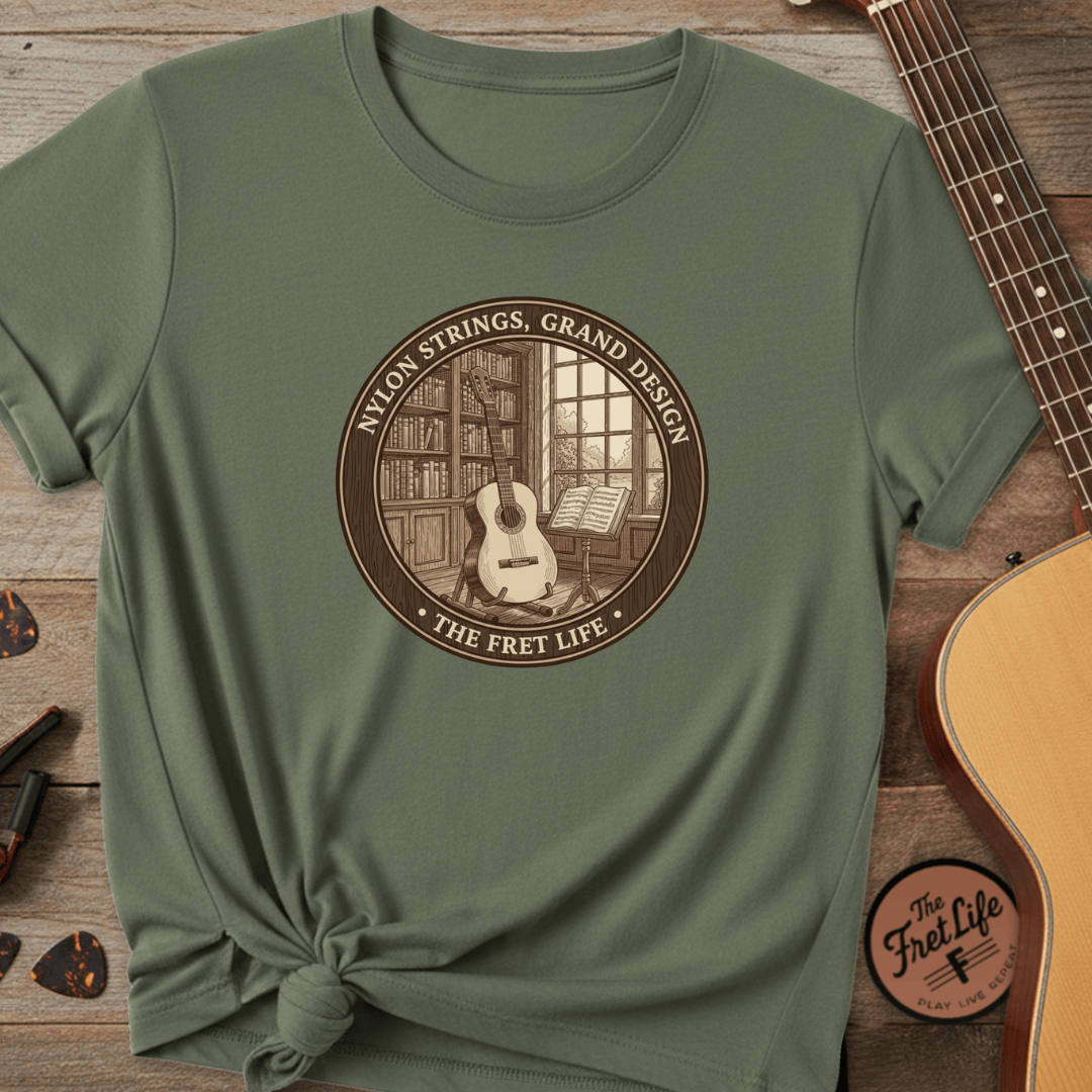 Printify T-Shirt Moss / S Nylon Strings, Grand Design: The Classical Guitar Tee