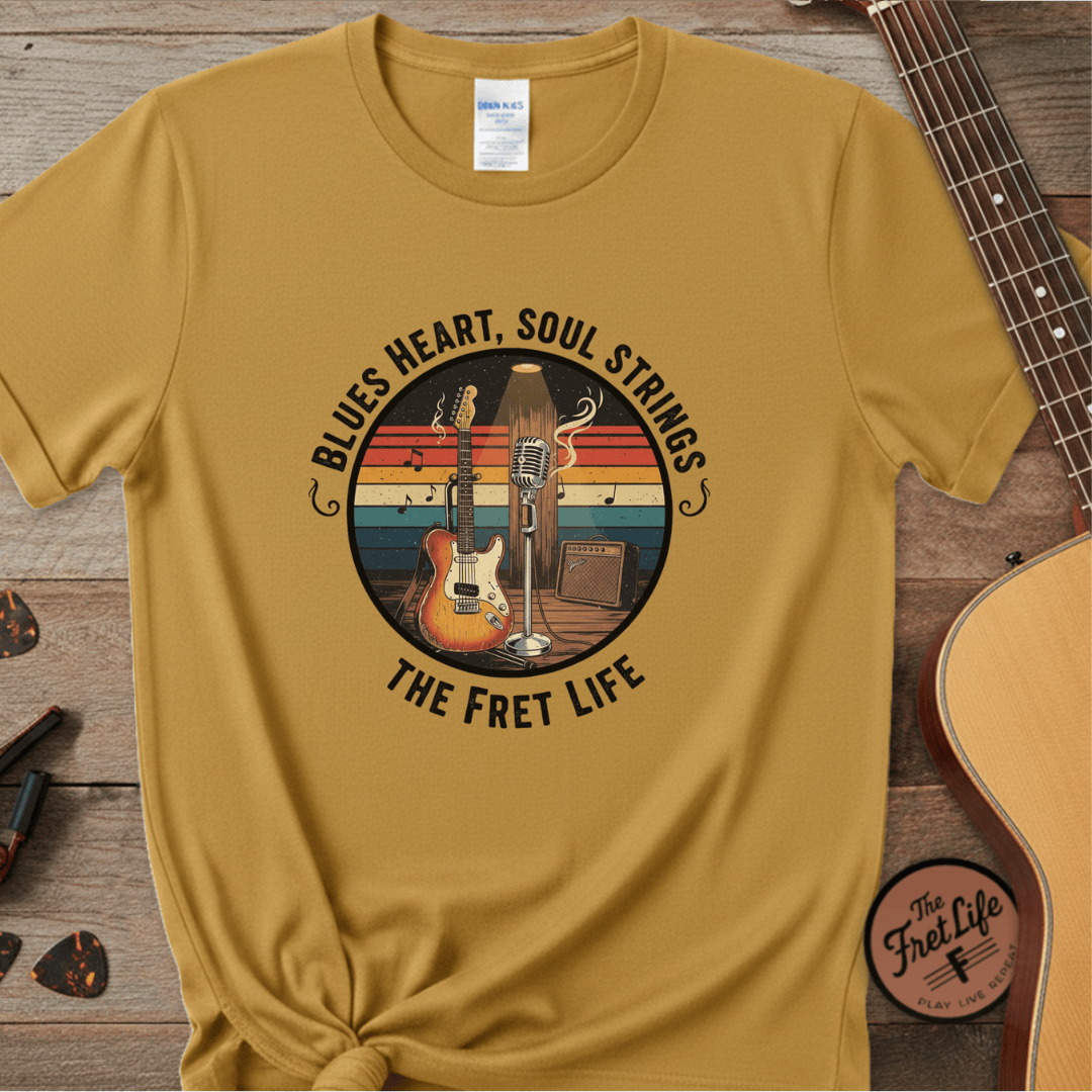 Printify T-Shirt Mustard / S Blues Heart, Soul Strings: The Fret Life Classic Tee