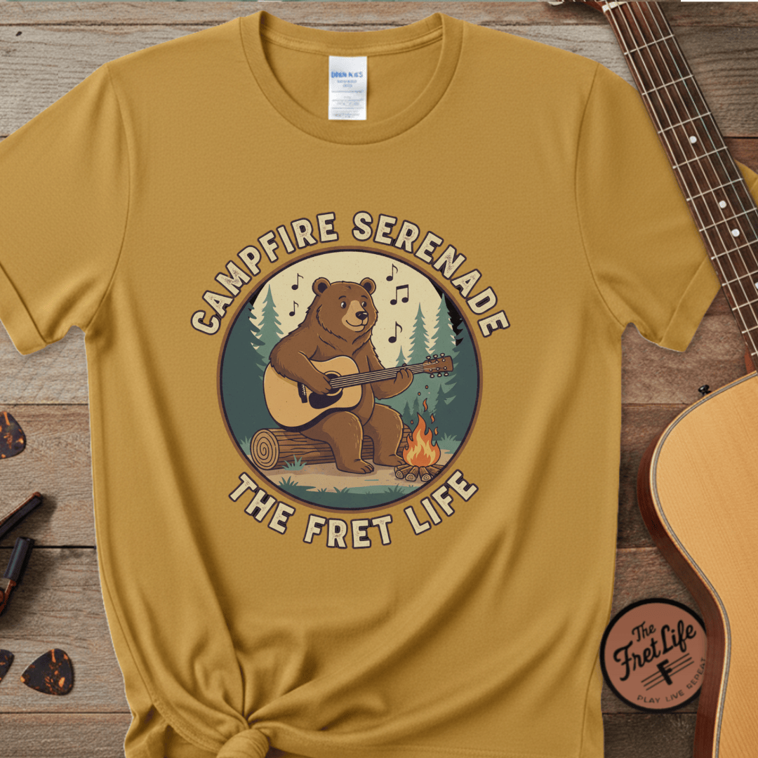 Printify T-Shirt Mustard / S Campfire Serenade, Bear playing guitar design Garment-Dyed T-shirt