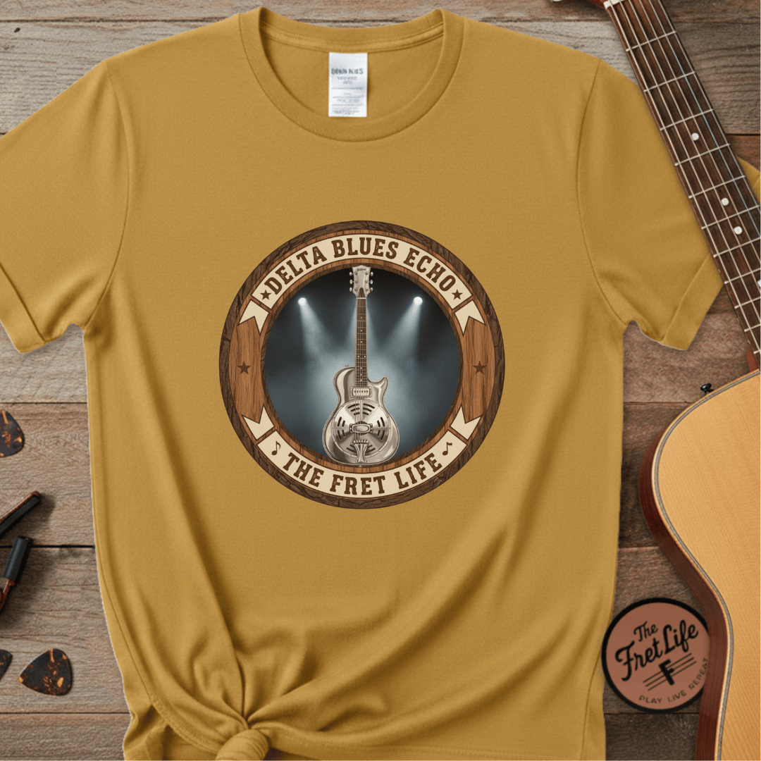 Printify T-Shirt Mustard / S Delta Blues Echo Tee | Resonator Guitar Slide Player Shirt