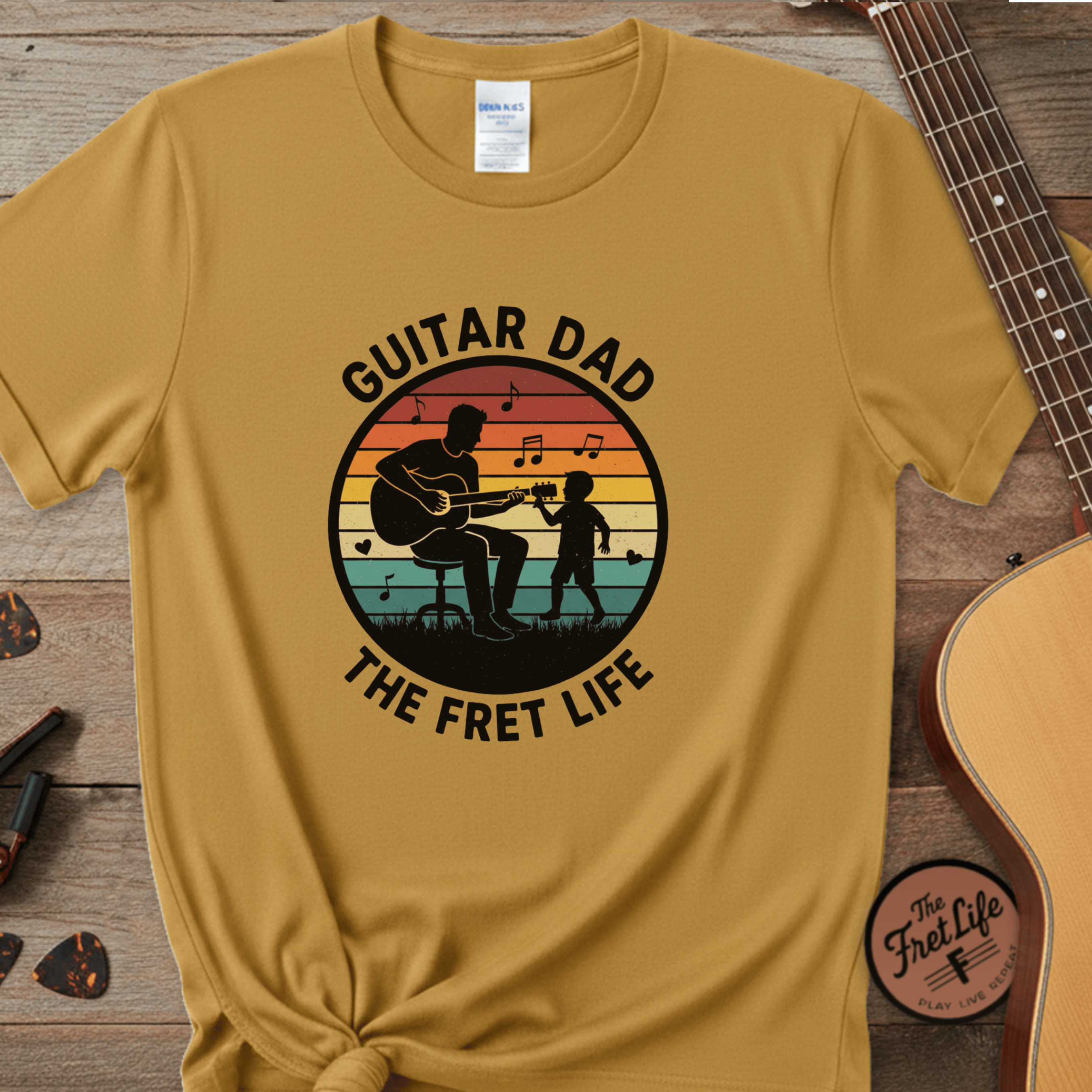 Printify T-Shirt Mustard / S Guitar Dad: The Fret Life Silhouetted Tee