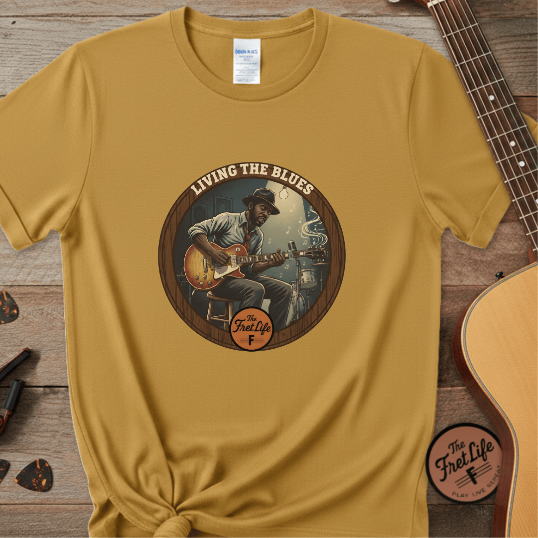 Printify T-Shirt Mustard / S Living The Blues - Fret Life Edition Tee