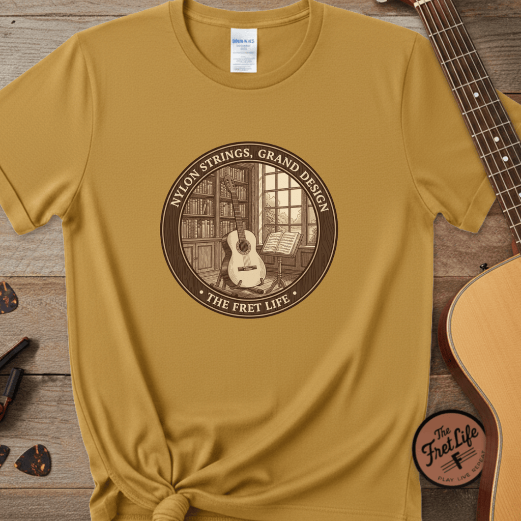 Printify T-Shirt Mustard / S Nylon Strings, Grand Design: The Classical Guitar Tee