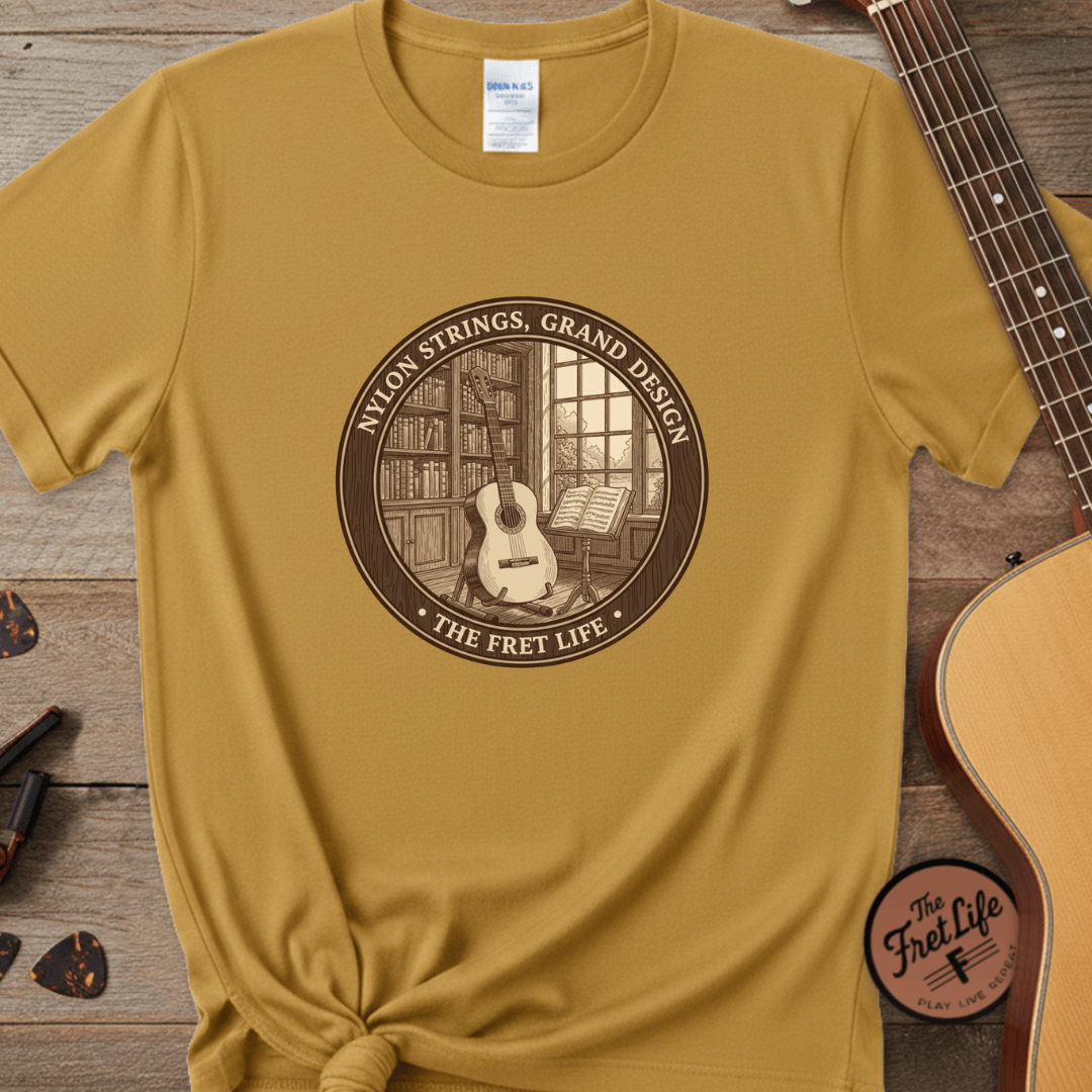 Printify T-Shirt Mustard / S Nylon Strings, Grand Design: The Classical Guitar Tee
