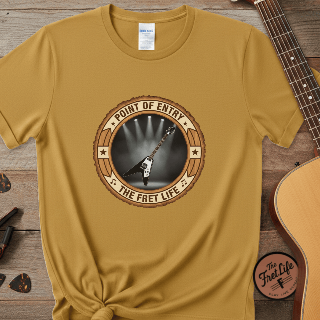Printify T-Shirt Mustard / S Point of Entry Tee | Gibson Flying V Hard Rock Metal Guitar Shirt