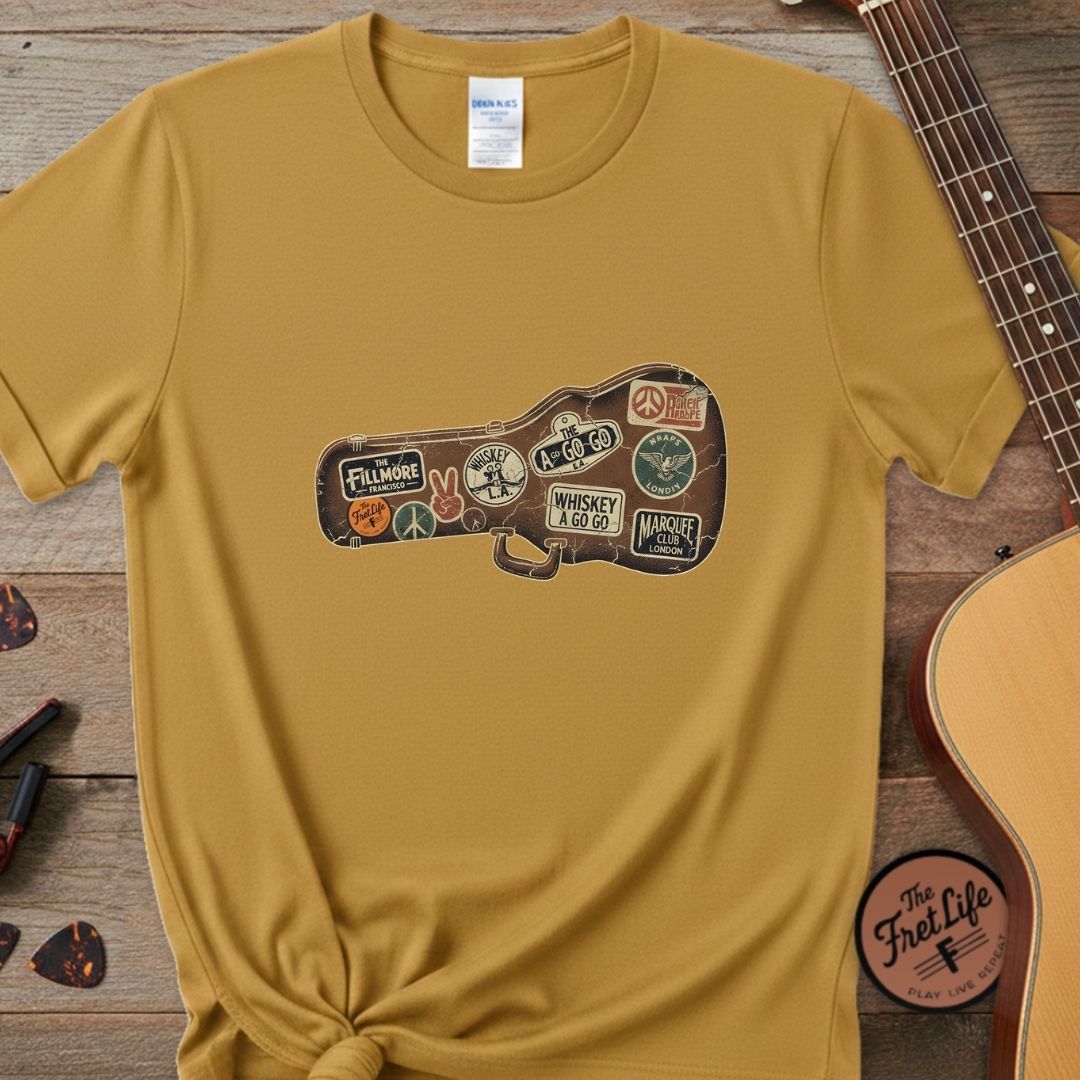Printify T-Shirt Mustard / S Road Worn: Vintage Venue Sticker Case T-Shirt