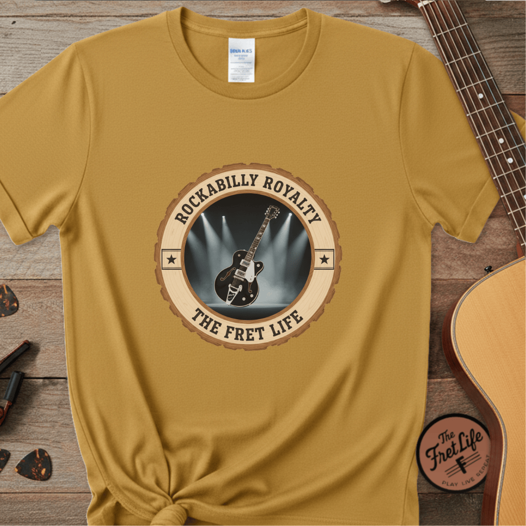 Printify T-Shirt Mustard / S Rockabilly Royalty Tee | Gretsch Duo Jet Falcon Electric Guitar Shirt