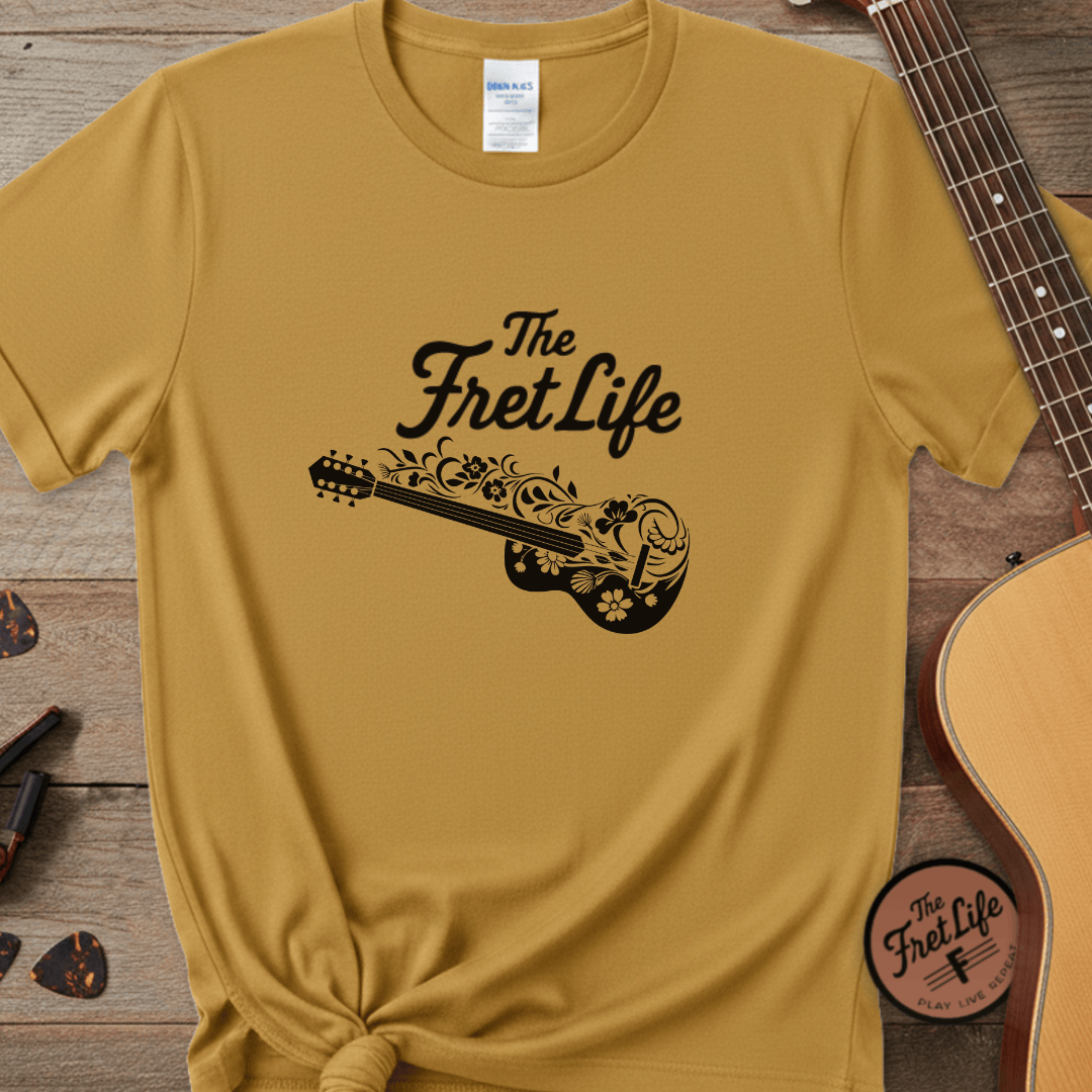 Printify T-Shirt Mustard / S T-shirt - Flower Guitar 'The Fret Life' Subtle Design - Music and Guitar Lover Gift