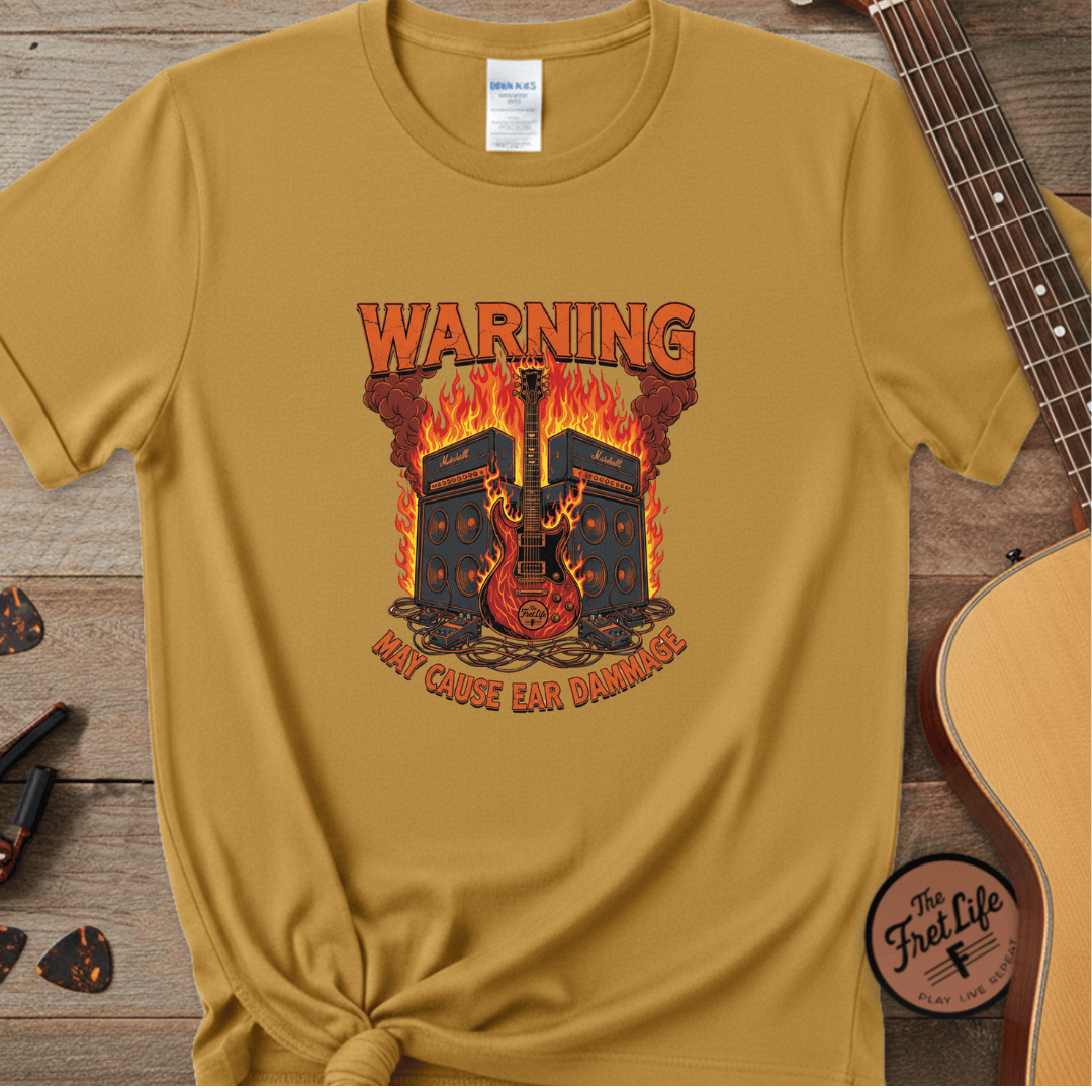 Printify T-Shirt Mustard / S WARNING: May Cause Ear Damage - The Amp Stack Tee