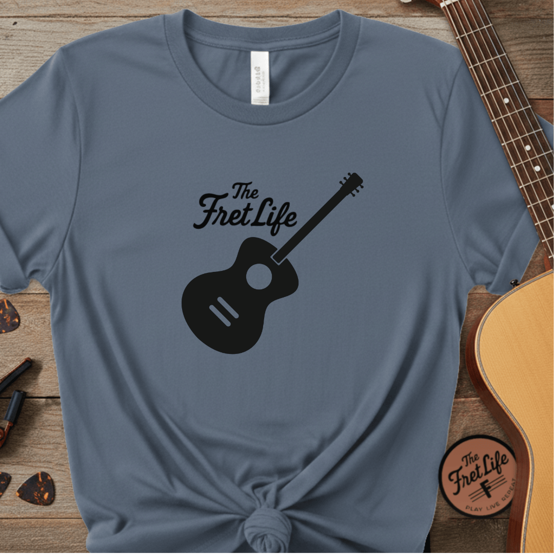 Printify T-Shirt Mystic Blue / S Acoustic Guitar, The Fret Life, Unisex Garment-Dyed T-shirt