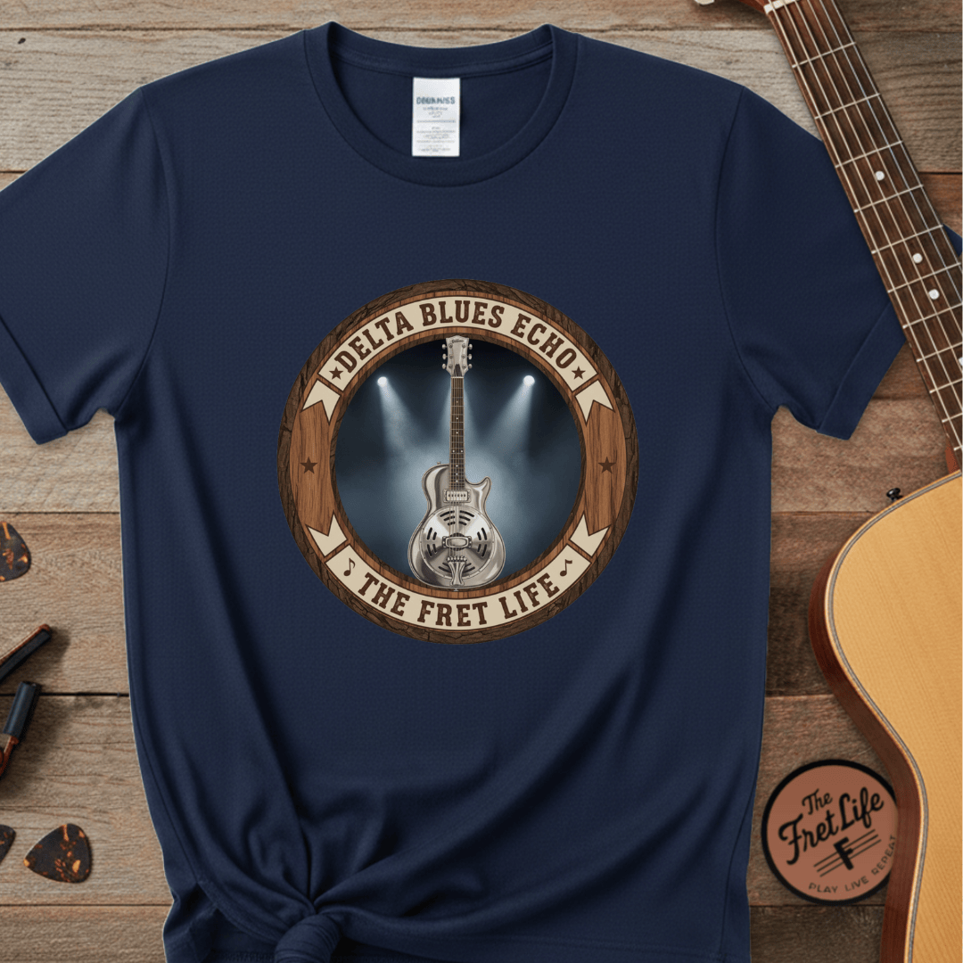 Printify T-Shirt Navy / S Delta Blues Echo Tee | Resonator Guitar Slide Player Shirt