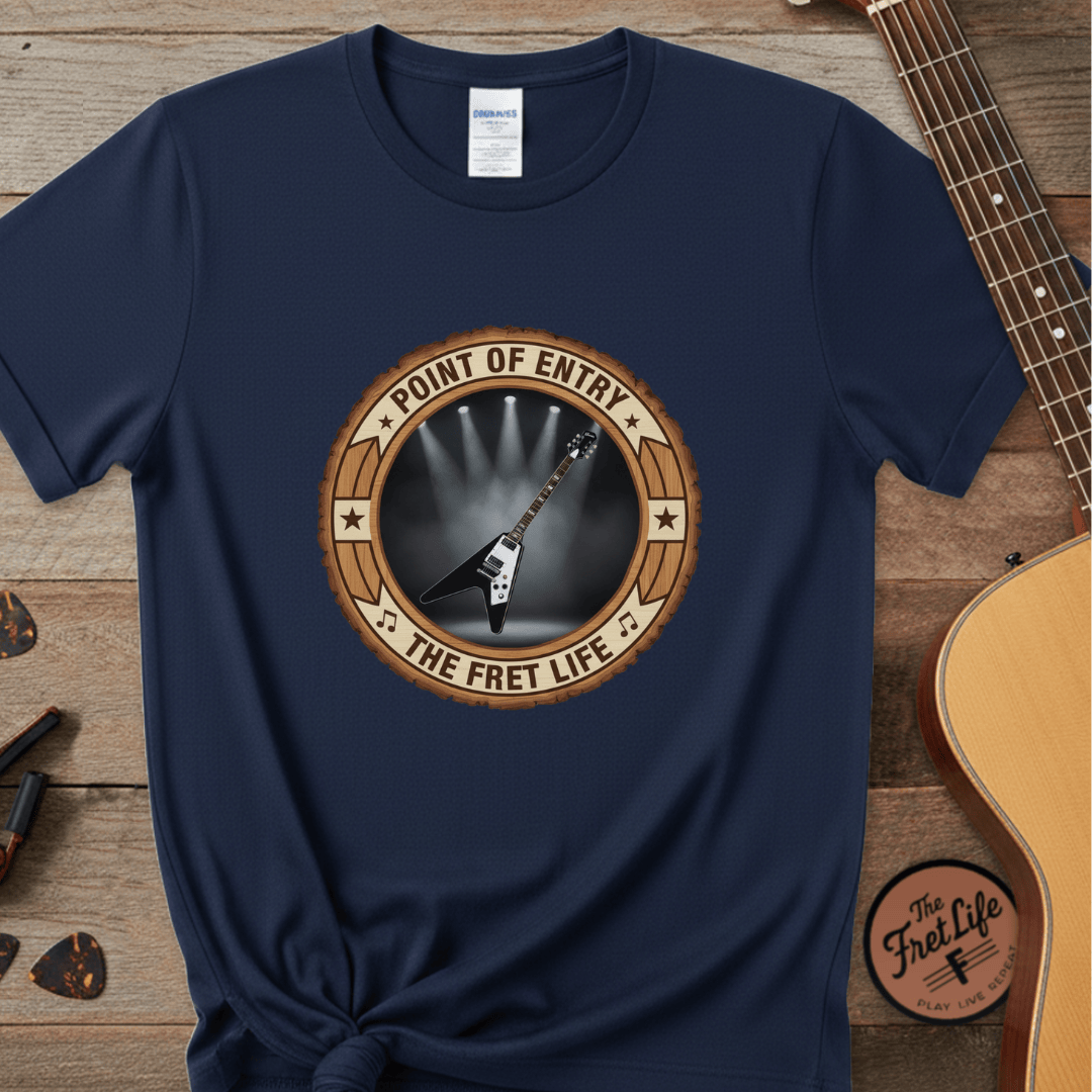 Printify T-Shirt Navy / S Point of Entry Tee | Gibson Flying V Hard Rock Metal Guitar Shirt