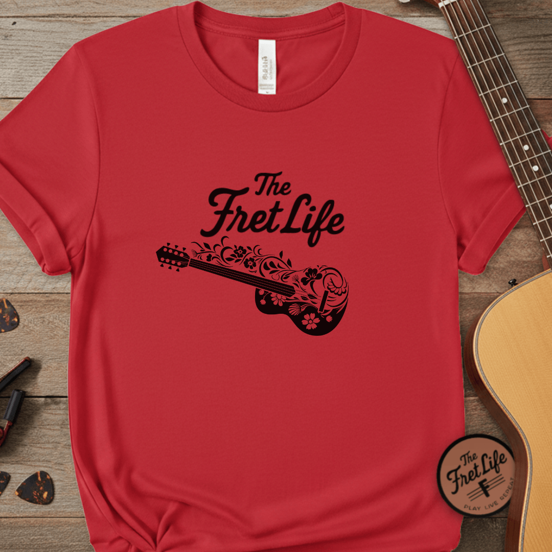 Printify T-Shirt Red / S T-shirt - Flower Guitar 'The Fret Life' Subtle Design - Music and Guitar Lover Gift