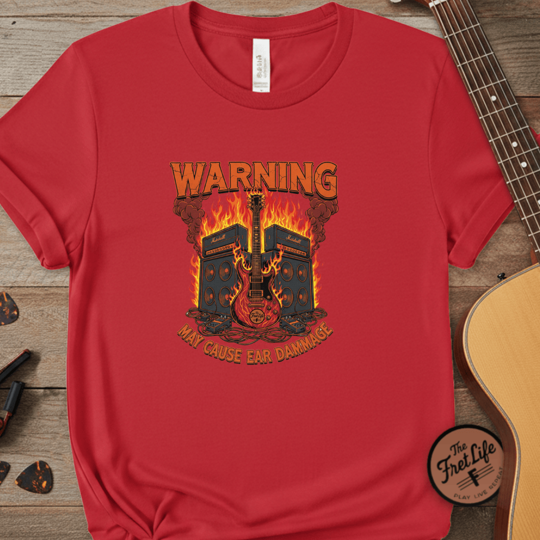 Printify T-Shirt Red / S WARNING: May Cause Ear Damage - The Amp Stack Tee