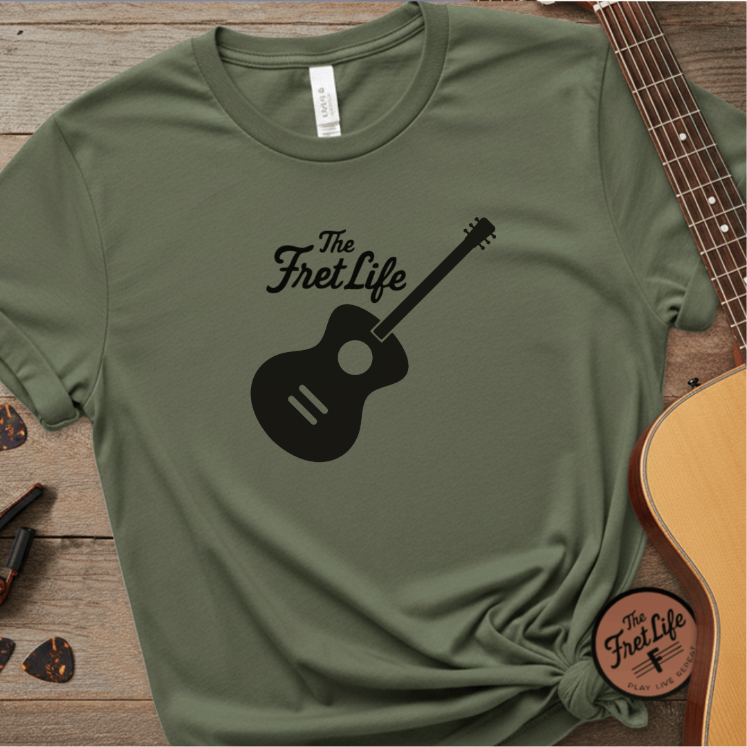Printify T-Shirt Sage / S Acoustic Guitar, The Fret Life, Unisex Garment-Dyed T-shirt