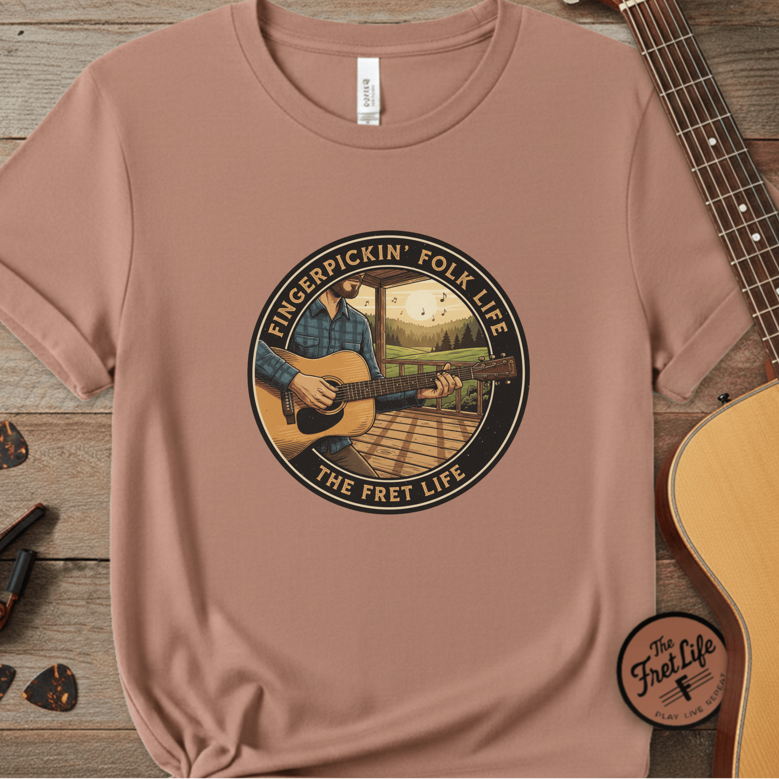 Printify T-Shirt Terracotta / S Fingerpickin' Folk Life: Porch & Sunset Acoustic Tee