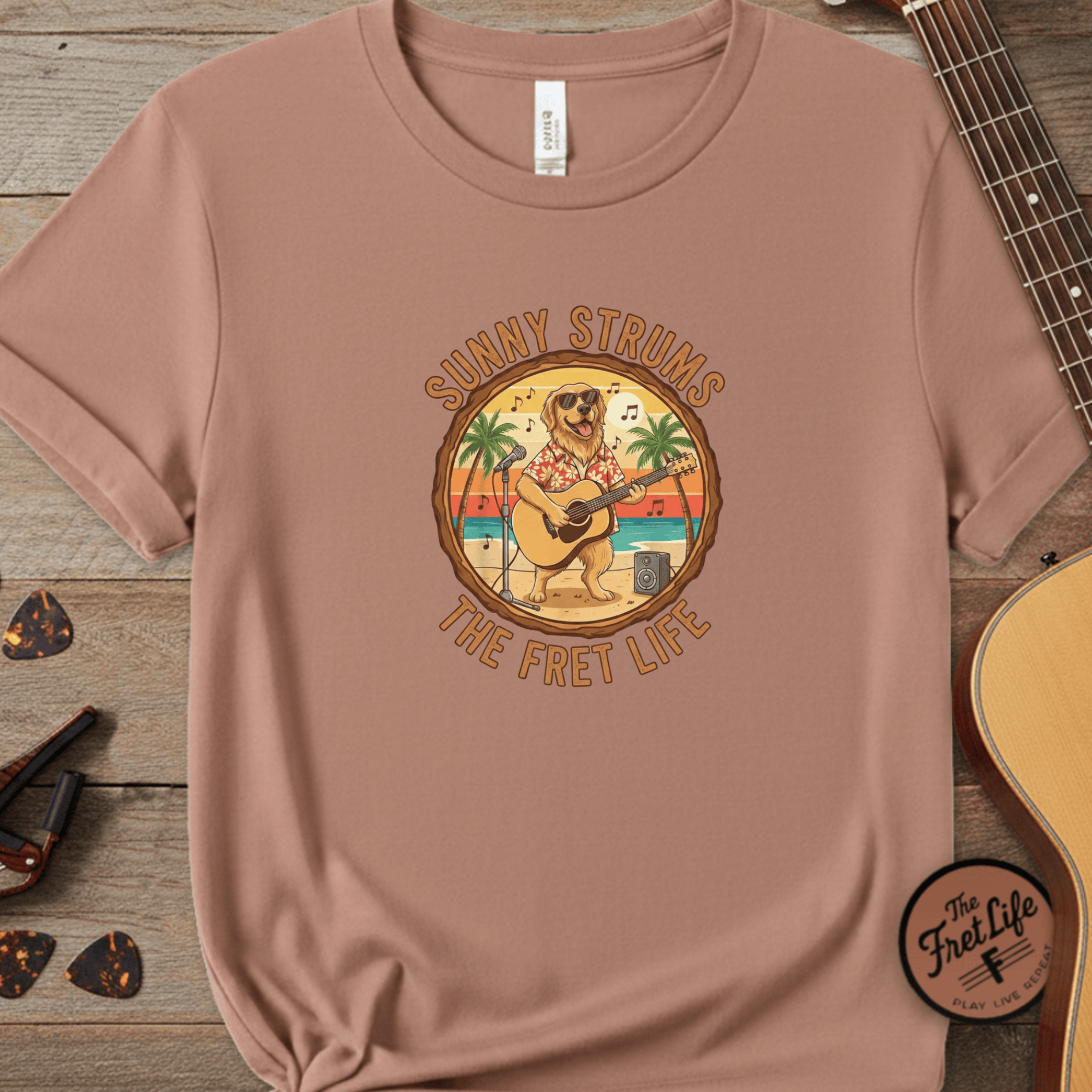 Printify T-Shirt Terracotta / S Sunny Strums: Golden Retriever Acoustic Serenade Tee