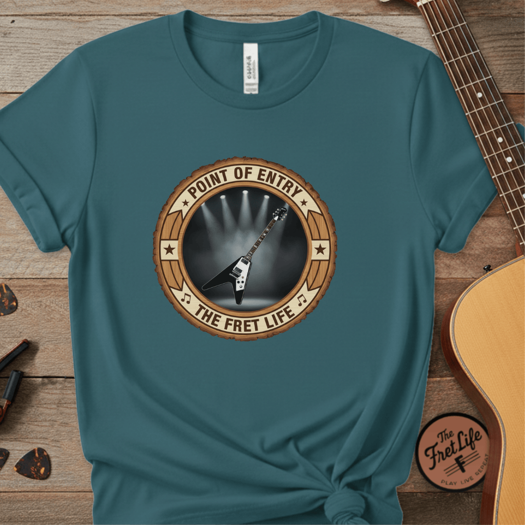 Printify T-Shirt Topaz Blue / S Point of Entry Tee | Gibson Flying V Hard Rock Metal Guitar Shirt