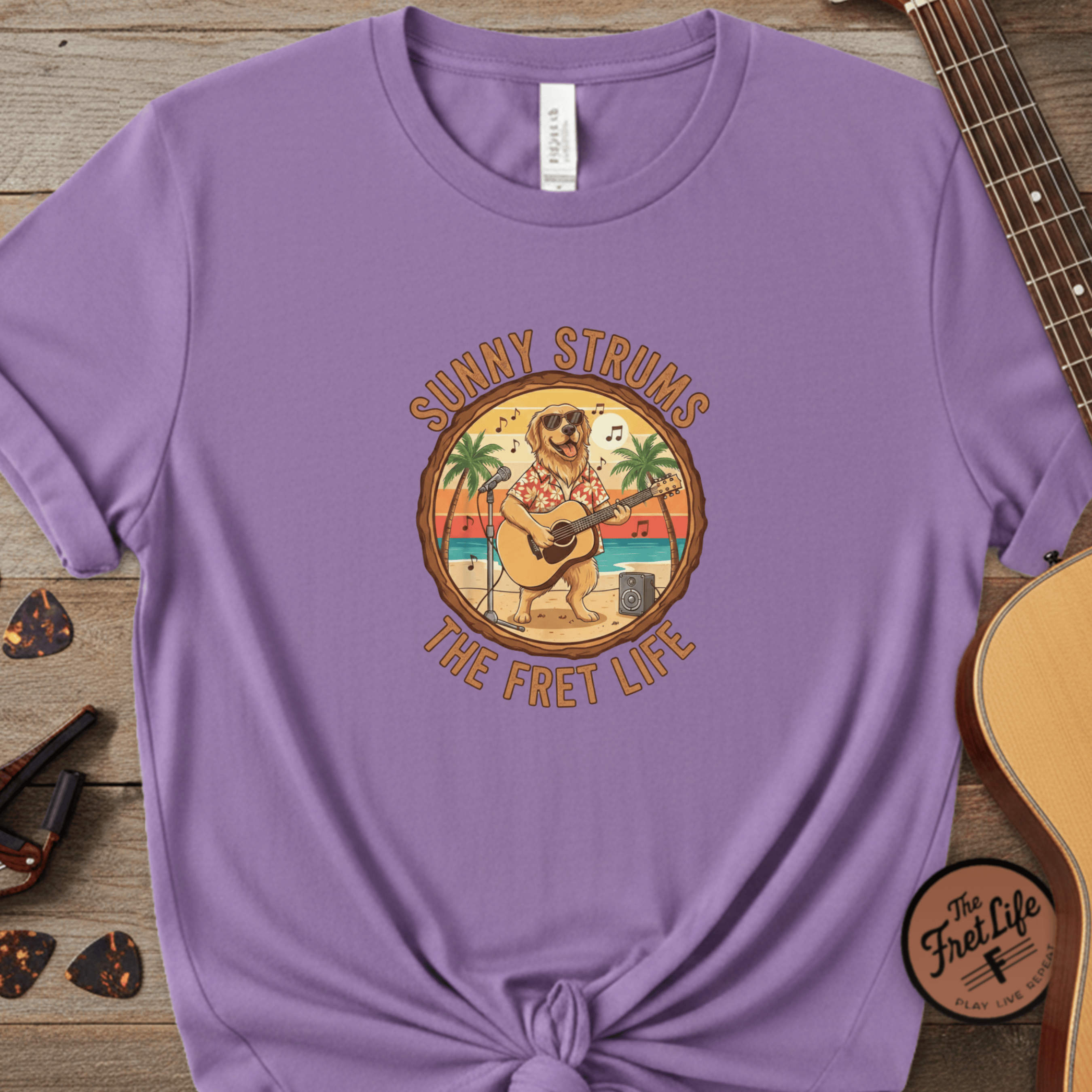 Printify T-Shirt Violet / S Sunny Strums: Golden Retriever Acoustic Serenade Tee