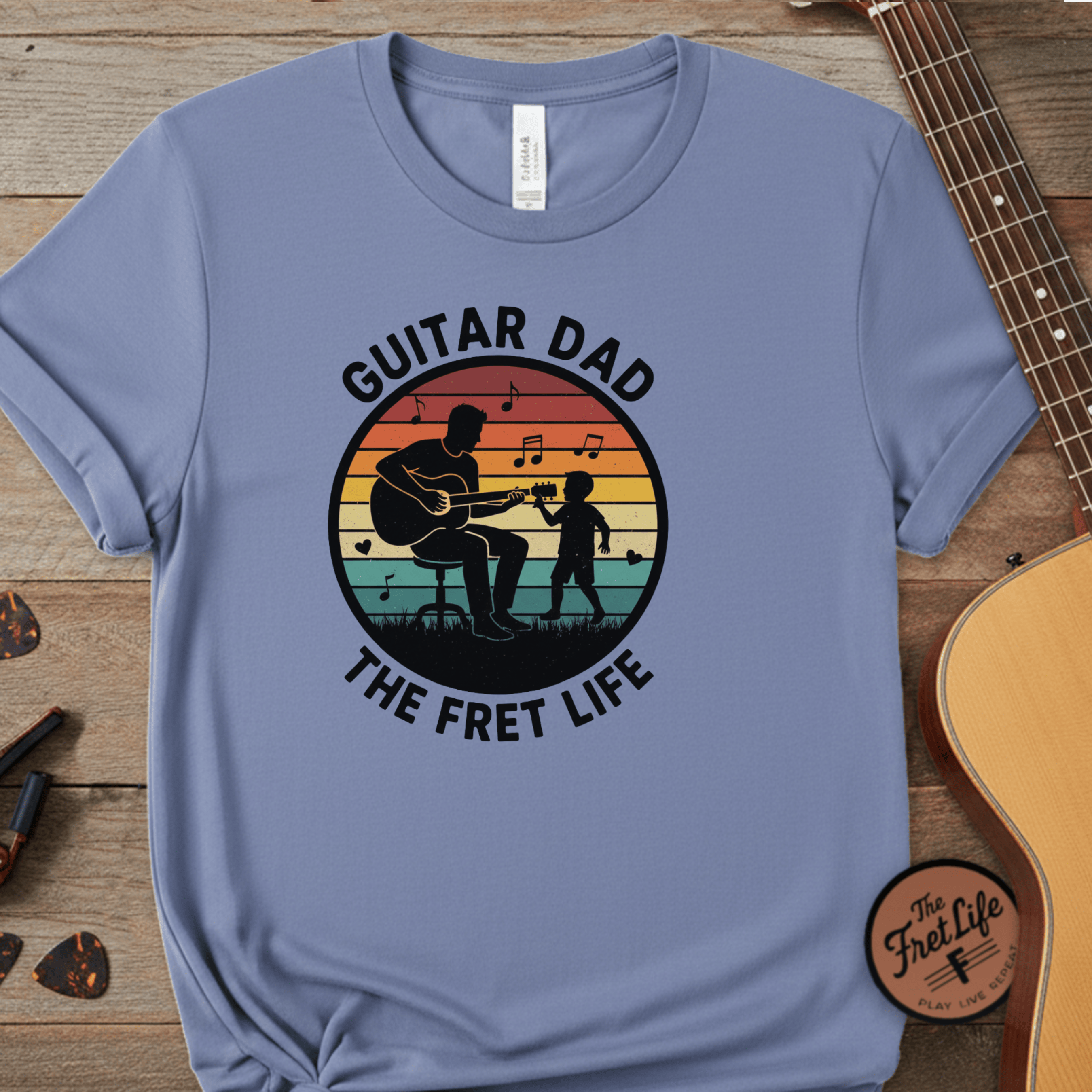 Printify T-Shirt Washed Denim / S Guitar Dad: The Fret Life Silhouetted Tee