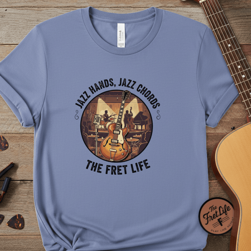 Printify T-Shirt Washed Denim / S Jazz Hands, Jazz Chords: The Fret Life Club Tee