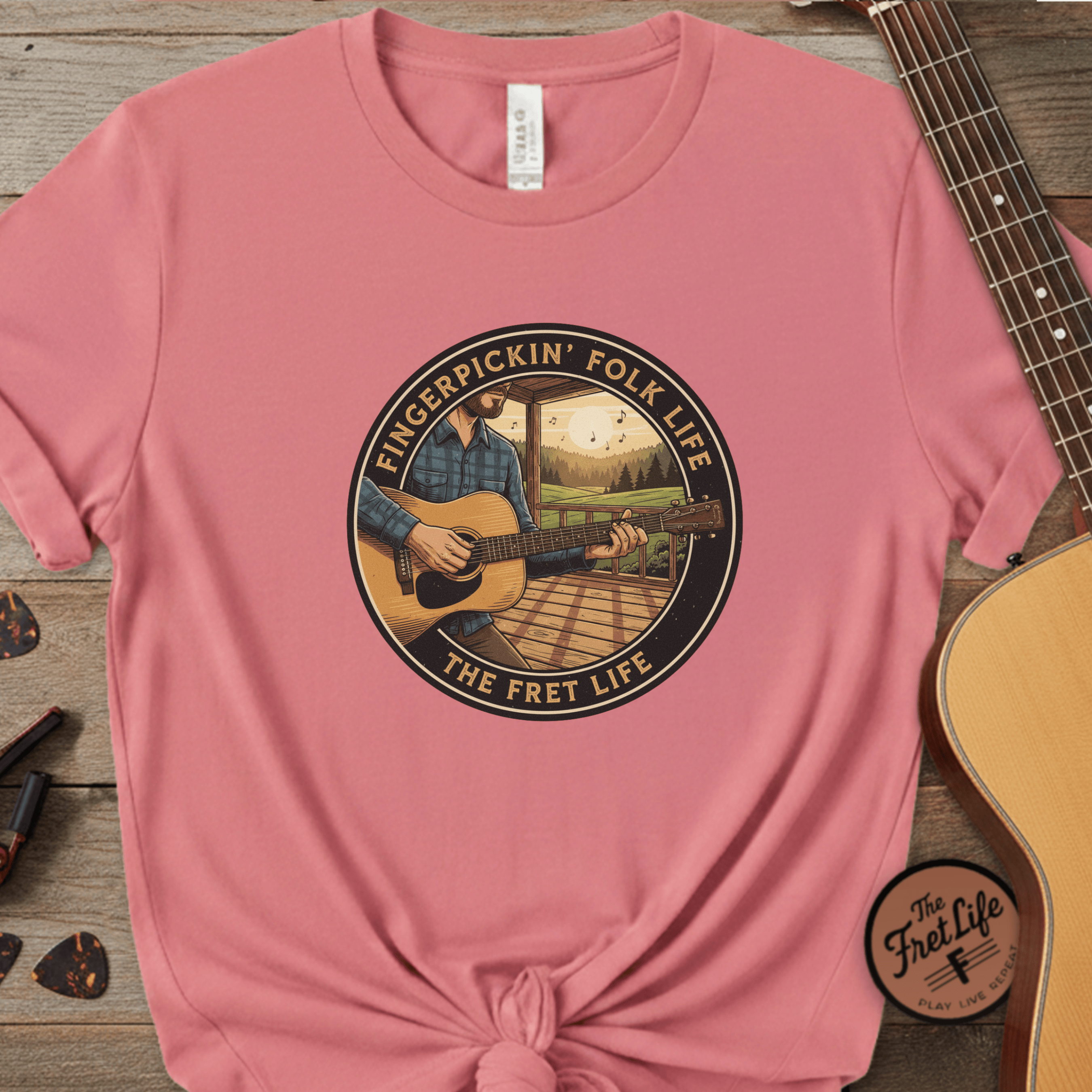 Printify T-Shirt Watermelon / S Fingerpickin' Folk Life: Porch & Sunset Acoustic Tee