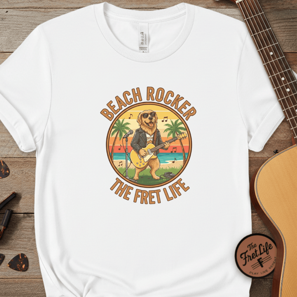Printify T-Shirt White / L Beach Rocker: Golden's Sunset Shred Fret Life Tee