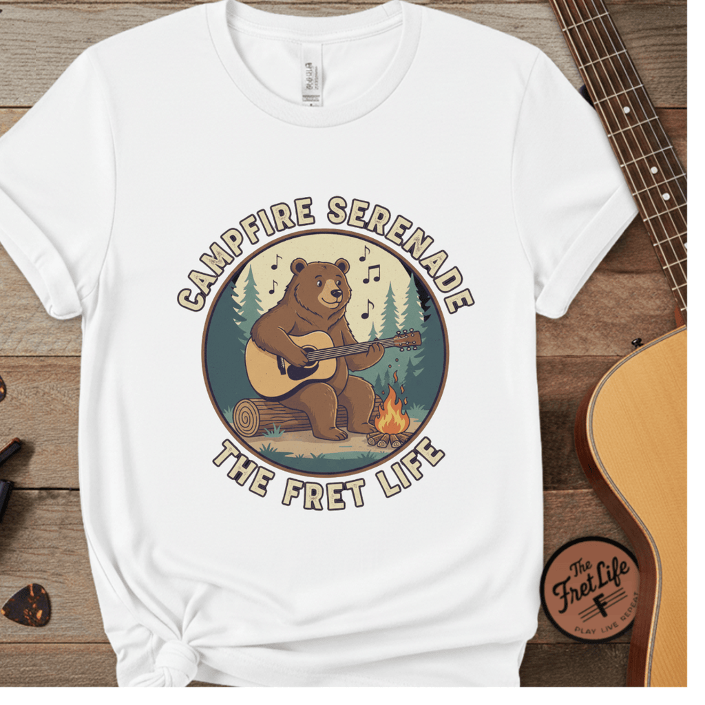 Printify T-Shirt White / L Campfire Serenade, Bear playing guitar design Garment-Dyed T-shirt