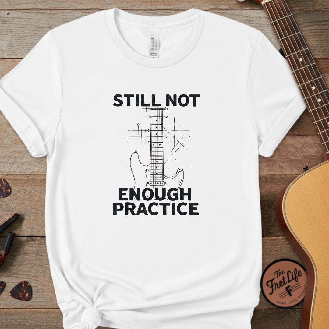 Printify T-Shirt White / L "Still Not Enough Practice" Premium Tee – Vintage Blueprint Guitar Graphic